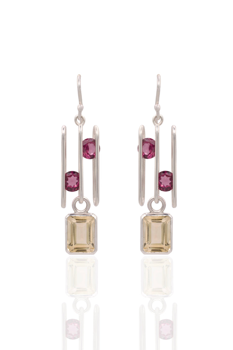 Citrine and pink garnet earrings incased by sterling silver. 