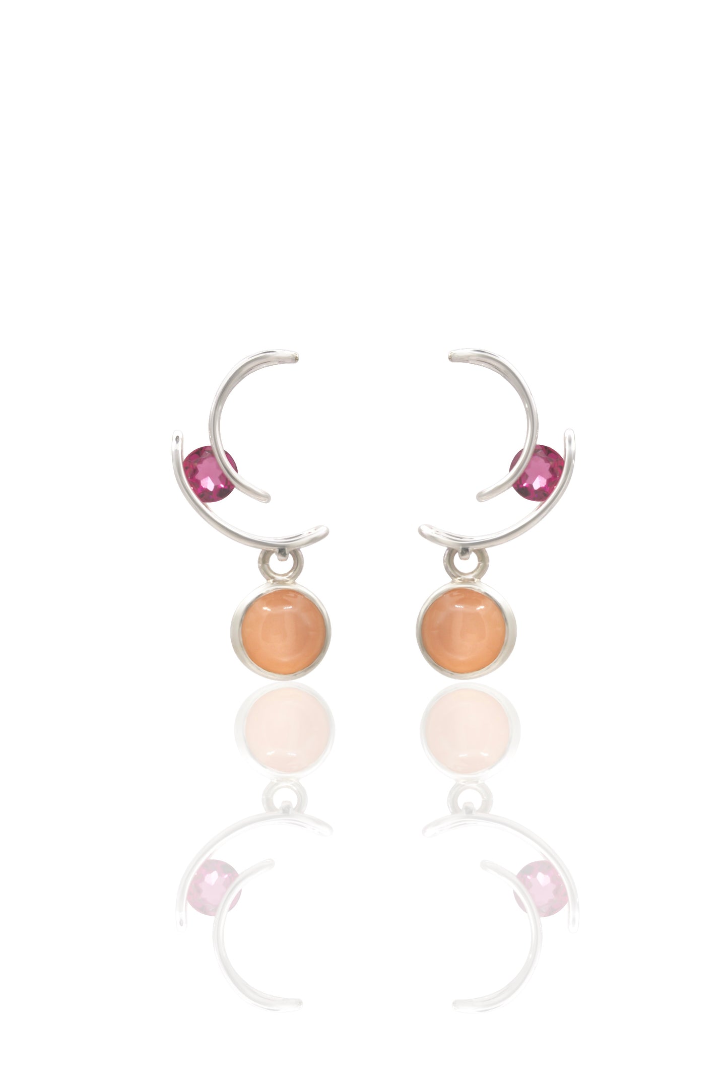 Pair of half hoop earrings with colorful beads on a white background